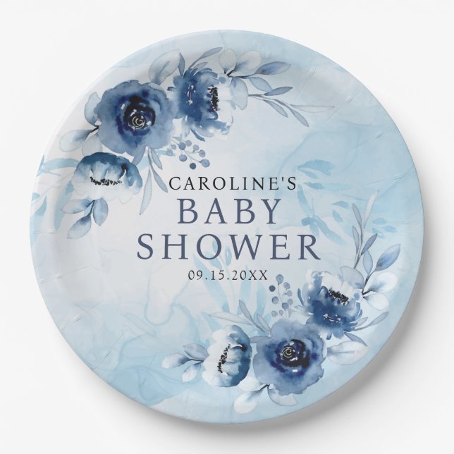 Elegant Blue Flowers Boy Baby Shower Pappteller (Vorderseite)