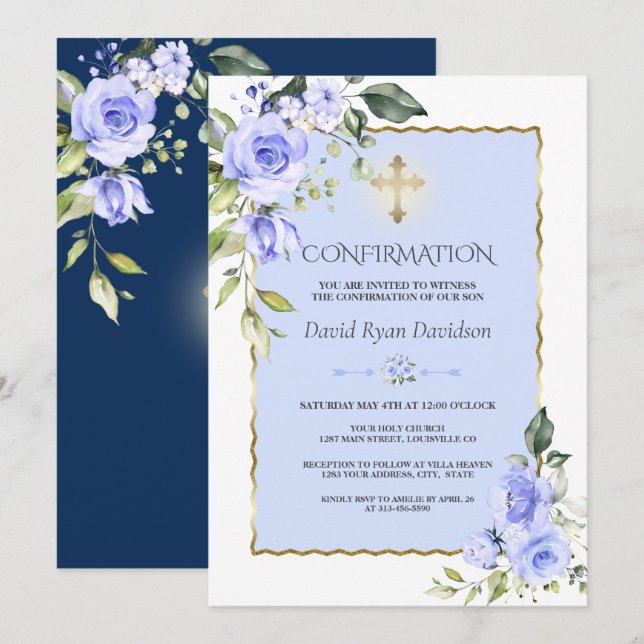Elegant Blue Flowers Gold Cross Boy Bestätigung Einladung (Vorne/Hinten)