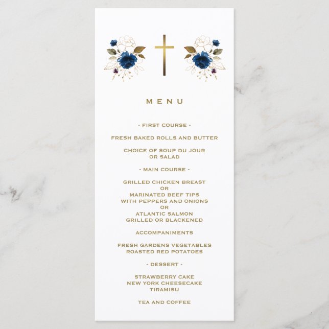 Elegant Blue Flowers Gold Cross Boy Taufe Menükarte (Vorderseite)