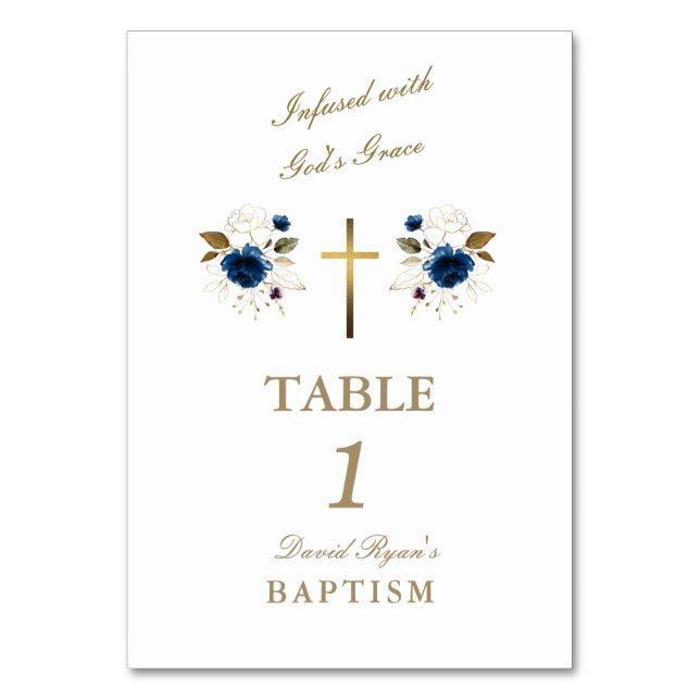 Elegant Blue Flowers Gold Cross Boy Taufe Tischnummer (Vorderseite)