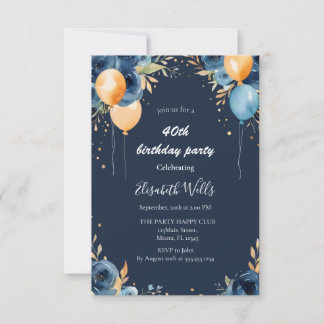 Elegant Blue Flowers Orange Ballons Birthday Einladung