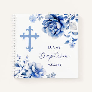 Elegant Blue Flowers Taufen Gästebuch Notizbuch