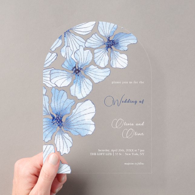 Elegant Blue Flowers Wedding Acryleinladungen (Insitu (Handheld))
