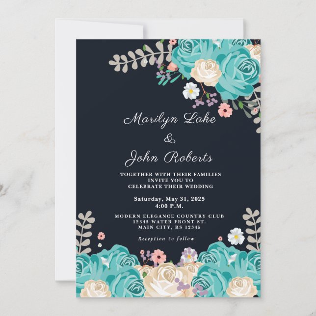 Elegant Blue Flowers Wedding Floral Navy Einladung (Vorderseite)
