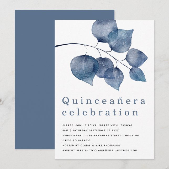Elegant Blue Foliage Quinceanera Einladung (Vorne/Hinten)