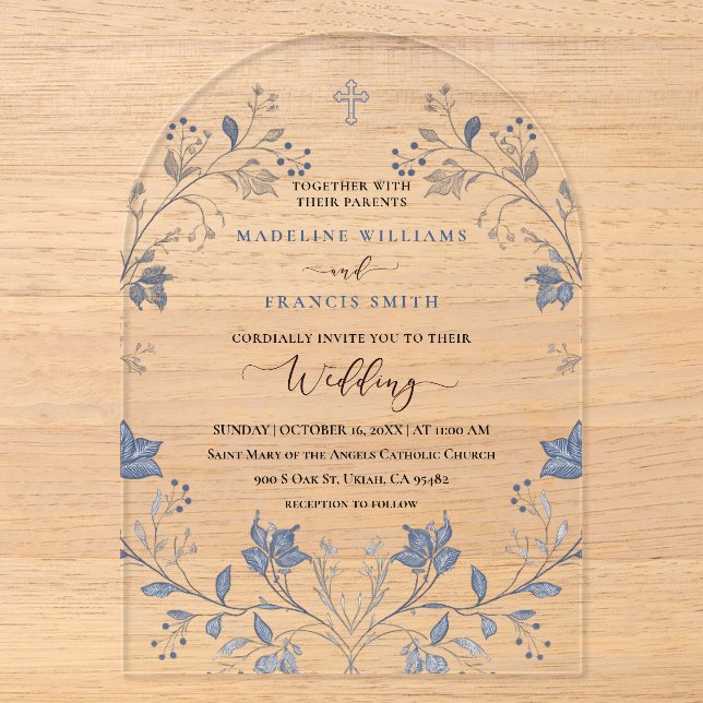 elegant blue foliage religious wedding acryleinladungen (Vorderseite)
