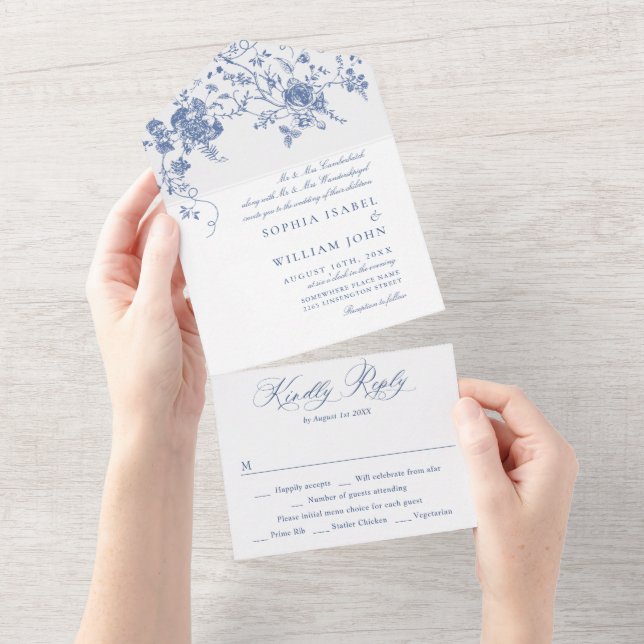Elegant Blue France Garden Blume Hochzeit All In One Einladung (Abreißen)