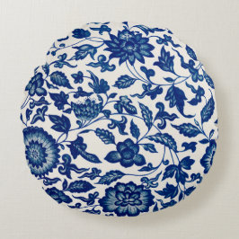 Elegant Blue French Country Chinoiserie Toile Rundes Kissen