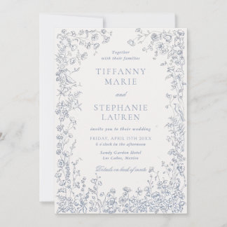 Elegant Blue French Floral Wedding Invitation Einladung