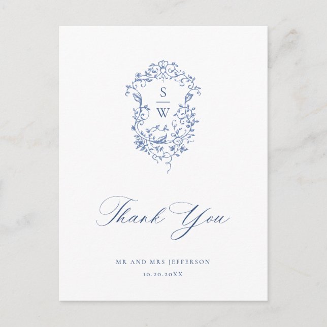 Elegant Blue French Garden Floral Vielen Dank Postkarte (Vorderseite)