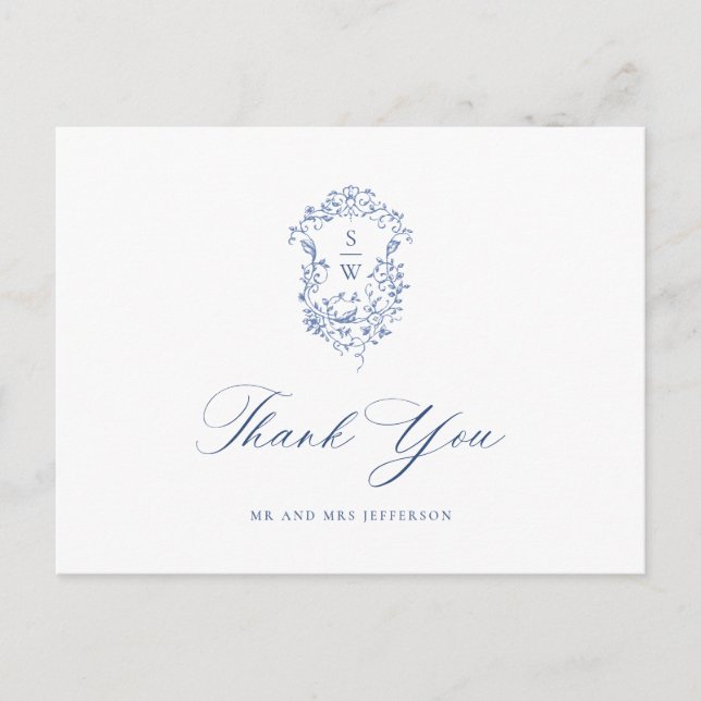 Elegant Blue French Garden Floral Vielen Dank Postkarte (Vorderseite)