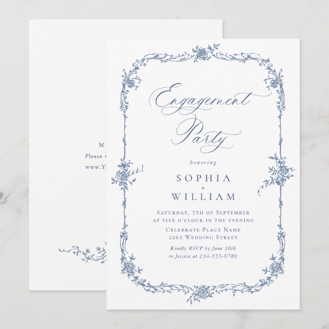 Elegant Blue French Rose Toile ENGAGEMENT PARTY Einladung (Vorne/Hinten)