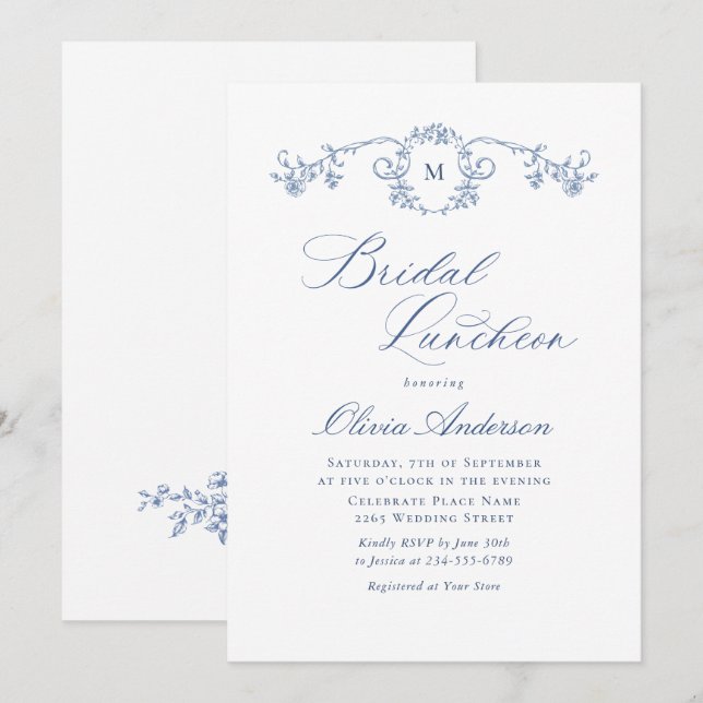 Elegant Blue French Toile Garden BRIDAL LUNCHEON Einladung (Vorne/Hinten)