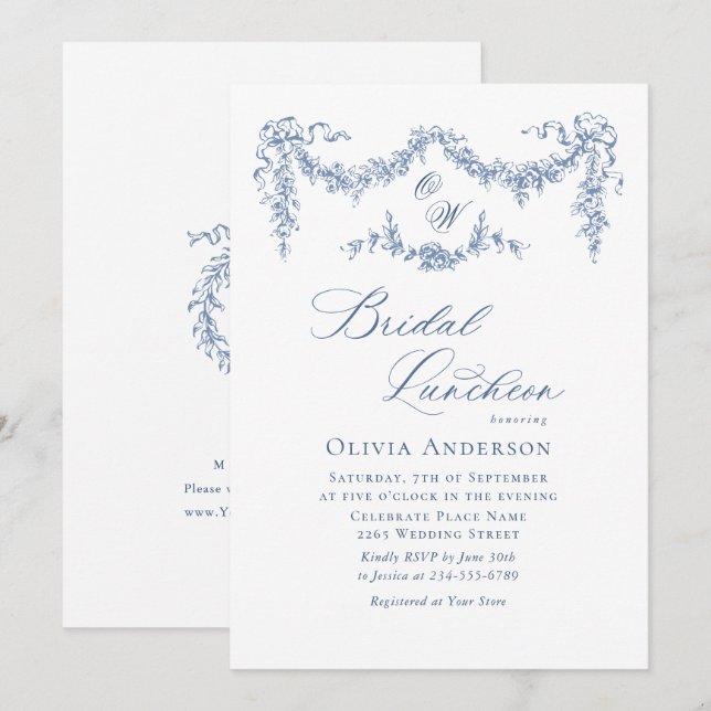 Elegant Blue French Toile Garden BRIDAL LUNCHEON Einladung (Vorne/Hinten)