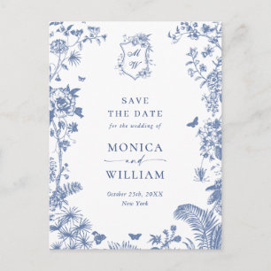 Elegant Blue French Toile Wedding Save the Date Postkarte