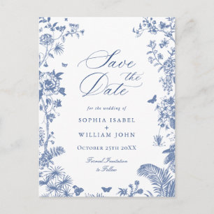 Elegant Blue French Toile Wedding Save the Date Postkarte
