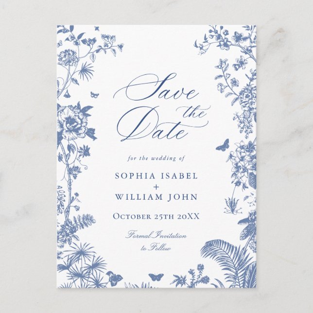 Elegant Blue French Toile Wedding Save the Date Postkarte (Vorderseite)