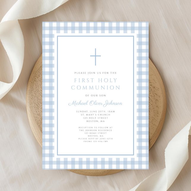 Elegant Blue Gingham Boy First Communion Einladung (Elegant Blue Gingham Boy First Communion Invitation)