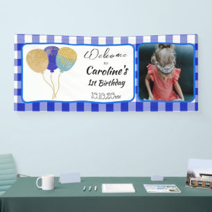 Elegant Blue Gingham Glitzer Balloons 1. Geburtsta Banner