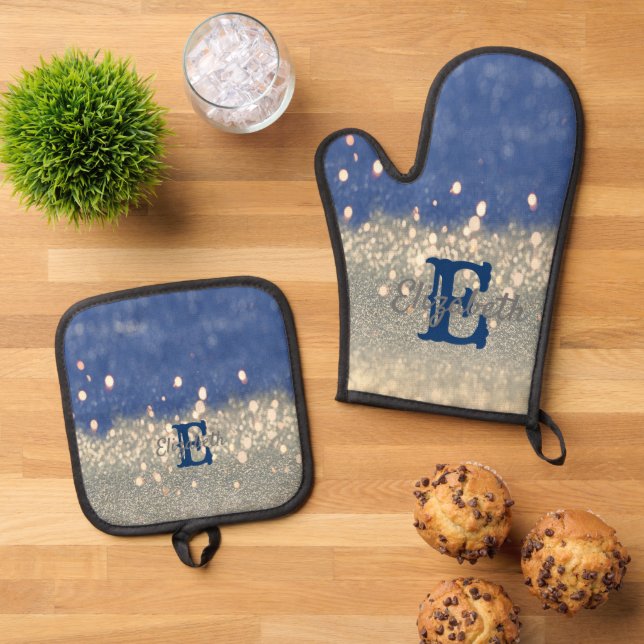 Elegant Blue Glitzer Bokeh Monogram Ofenhandschuh & Topflappen-Set (Oben Unten)