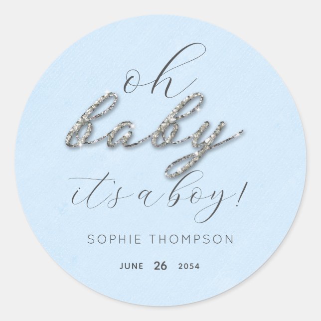 Elegant Blue Glitzer Boy Baby Shower Vielen Dank Runder Aufkleber (Vorderseite)