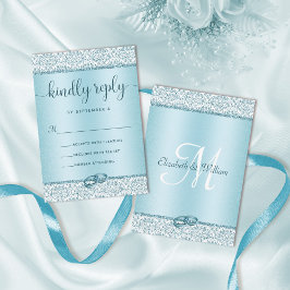 Elegant Blue Glitzer Monogram Wedding RSVP Karte