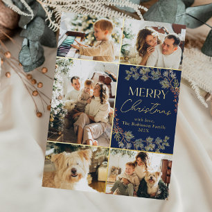 Elegant Blue Gold 5 Foto Frohe Weihnachtskarte Folieneinladung
