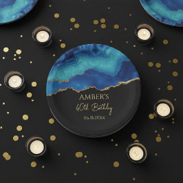 Elegant Blue Gold Abstract Marble Design Pappteller
