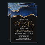Elegant Blue Gold Agate 40. Geburtstag Einladung<br><div class="desc">Dieses elegante 40. Geburtstagsjubiläum besticht durch ein Aquarellbild eines Aroma-Geodes in Blautönen mit goldenen Imitaten. Die Worte "40. Geburtstag" erscheinen in Imitaten goldener Glitzer in dekorativen modernen Handschrift Schriftart. Passen Sie den Namen der Ehre in goldfarbenem Text an und die Details in Weiß. Das gleiche blaue Apache-Bild wird auf der...</div>