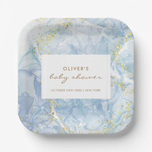 Elegant Blue Gold Agate Boy Baby Shower Pappteller