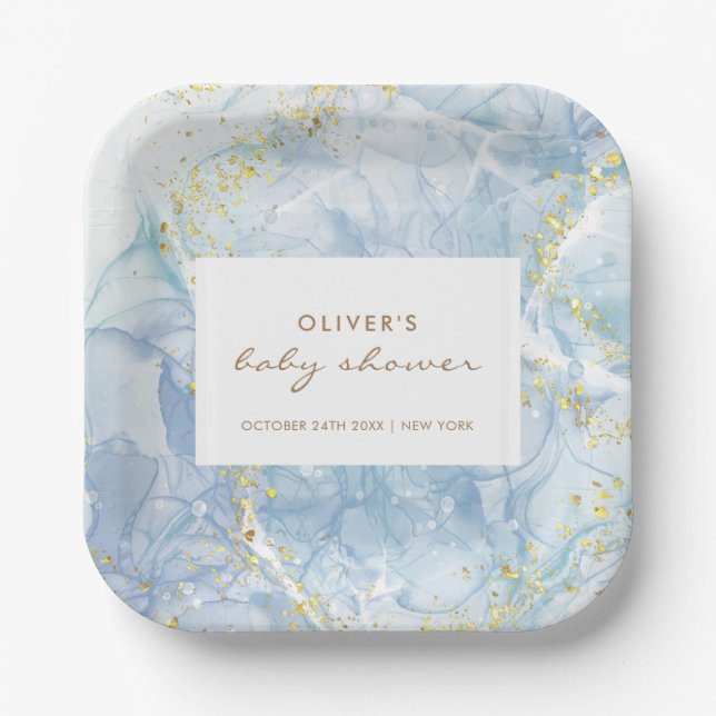 Elegant Blue Gold Agate Boy Baby Shower Pappteller (Vorderseite)