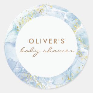 Elegant Blue Gold Agate Boy Baby Shower Runder Aufkleber