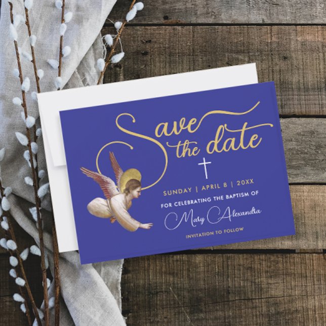 Elegant Blue Gold Angel Bless Taufe Christening Save The Date (Von Creator hochgeladen)