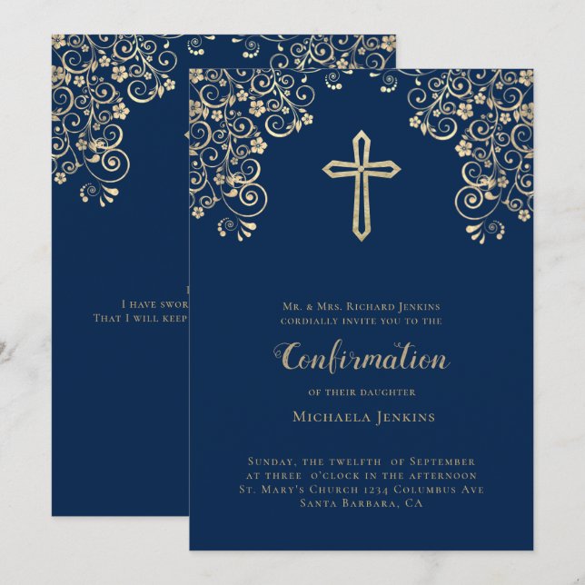 Elegant Blue Gold Bible Verse Bestätigung Einladung (Vorne/Hinten)
