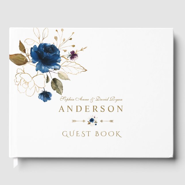 Elegant Blue Gold Blume Monogram Wedding Gästebuch (Vorderseite)