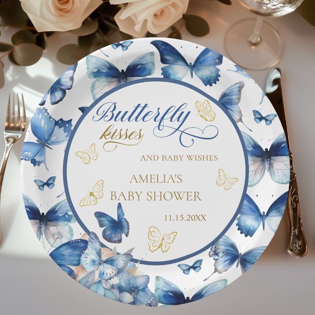Elegant Blue Gold Butterfly Baby Shower Pappteller (Von Creator hochgeladen)