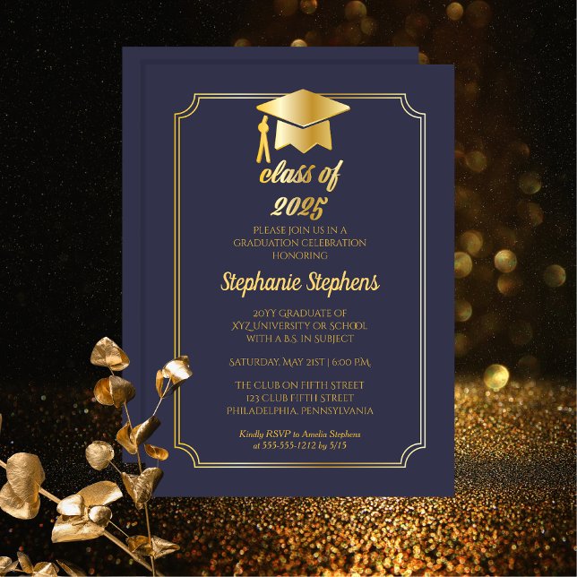 Elegant Blue | Gold Cap Uni-Abschluss Party Einladung (Elegant Blue and Gold Tone Graduation Cap College or University Party Invitation - Print | Download)