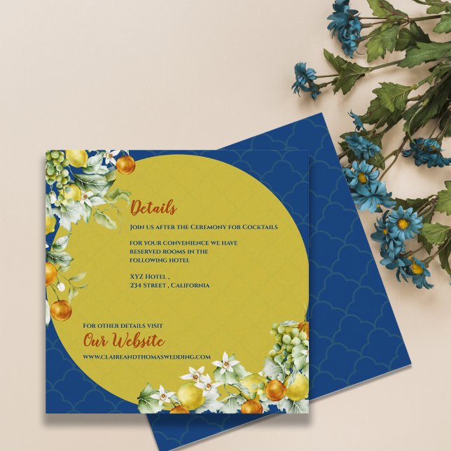 Elegant Blue Gold Citrus Floral Wedding Details Begleitkarte (Elegant Blue Gold Citrus Floral Wedding Details Enclosure Card)