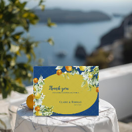 Elegant Blue Gold Citrus Floral Wedding Thank You Postkarte