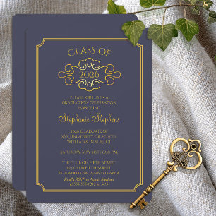Elegant Blue Gold College Graduation Party Einladung