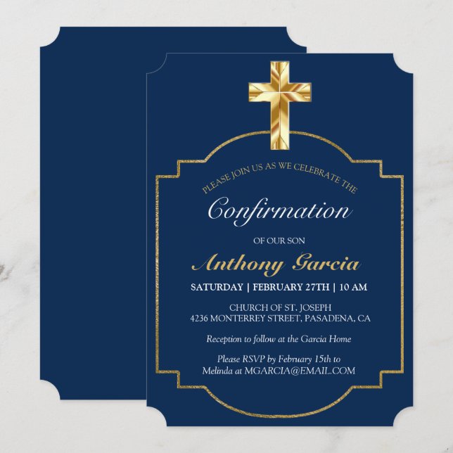 Elegant Blue Gold Cross Bestätigung Einladung (Vorne/Hinten)