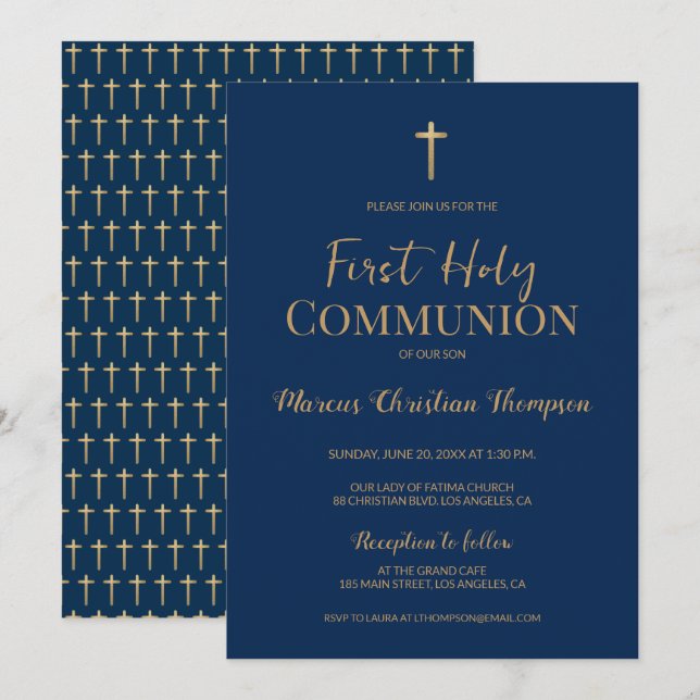 Elegant Blue Gold Cross Boy Erste heilige Gemeinde Einladung (Vorne/Hinten)