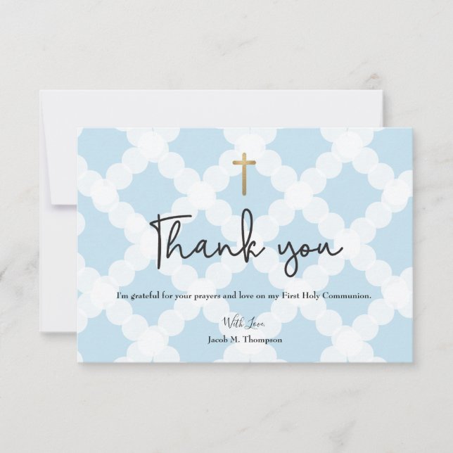 Elegant Blue Gold Cross Boy Erste Kommune Dankeskarte (Vorderseite)