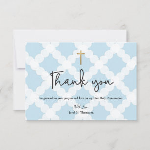 Elegant Blue Gold Cross Boy Erste Kommune Dankeskarte