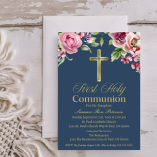 Elegant Blue Gold Cross First Communion Girl/Boy Einladung