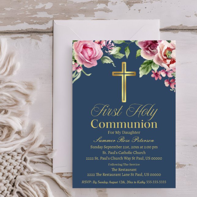 Elegant Blue Gold Cross First Communion Girl/Boy Einladung (Von Creator hochgeladen)