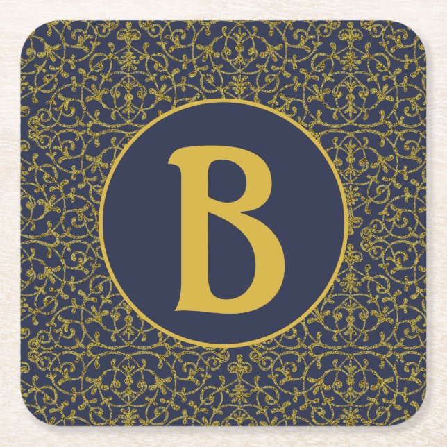 Elegant Blue & Gold Filigree Monogram Rechteckiger Pappuntersetzer (Vorderseite)