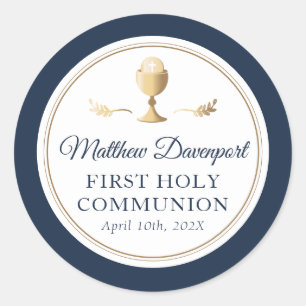 Elegant Blue Gold First Communion Gefälligkeitstic Runder Aufkleber