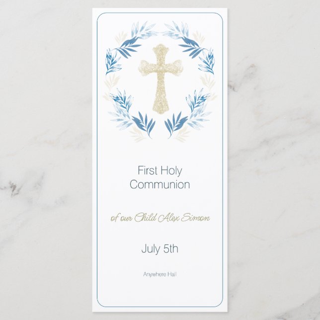 Elegant Blue Gold First Holy Communion Menükarte (Vorderseite)
