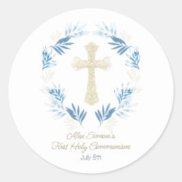 Elegant Blue Gold First Holy Communion Runder Aufkleber